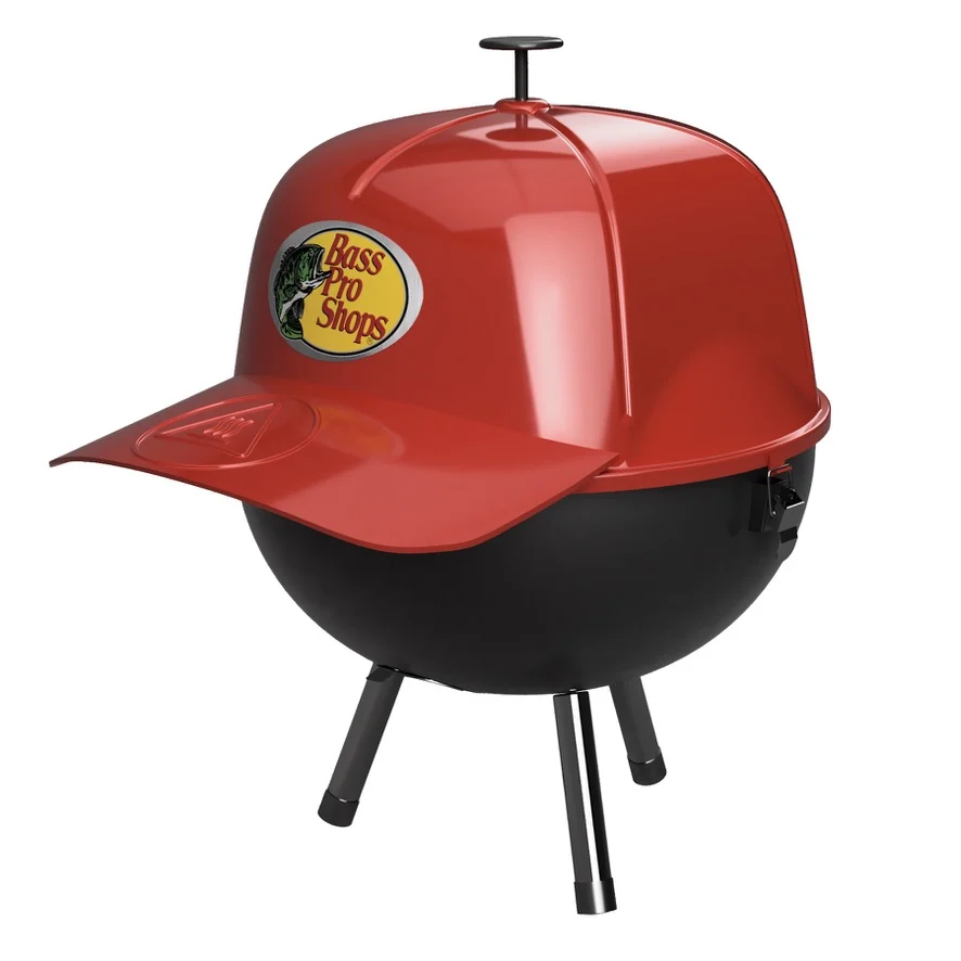 Finished red Bass Pro Shops cap-shaped charcoal grill